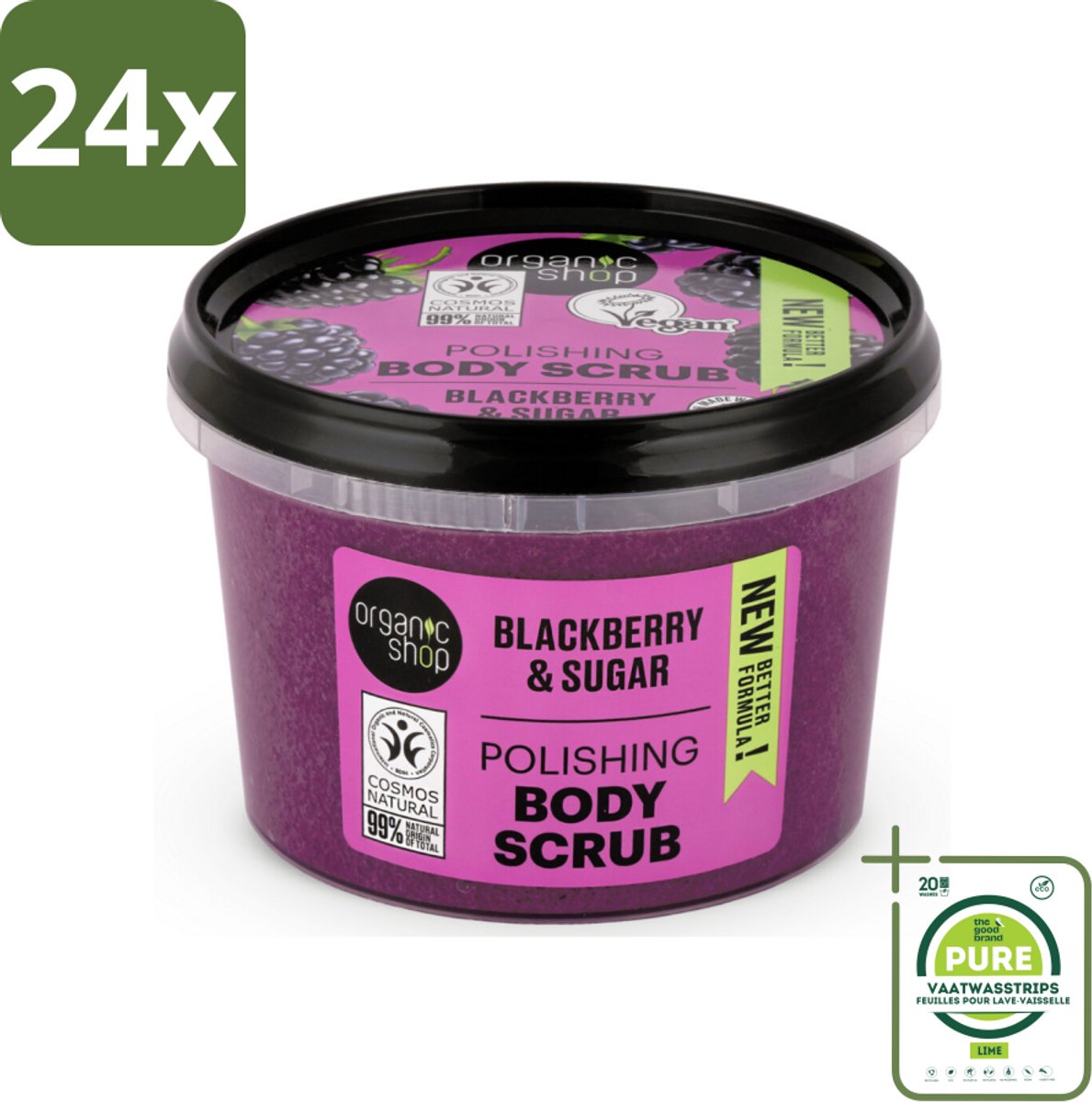 Organic Shop - Body Scrub Blackberry - Verfrissend en Hydraterend - 250 ml - Voordeelverpakking - 24 stuks - Lichaams Scrub - Scrub