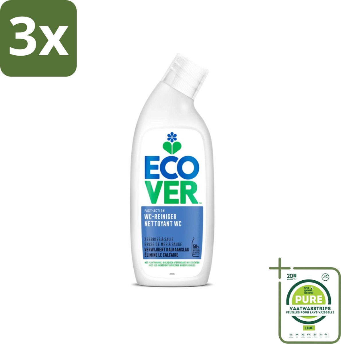 3 x Ecover - Toiletreiniger - Zeebries & Salie - 750 ml - Grootverpakking - Toilet Schoonmaak - Toiletreiniger - Ecologische Schoonmaak - Biologische Reiniger - Plantaardige Ingrediënten
