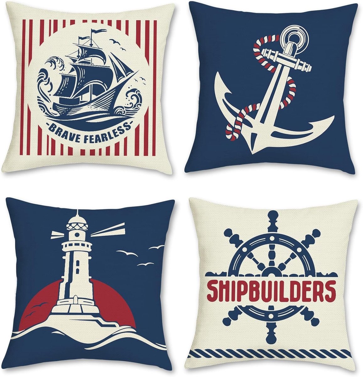 Decoratieve Kussenslopen 45x45cm met Maritiem Motief, Anker en Vuurtoren in Rood en Blauw - Set van 4 voor Bank en Woonkamer