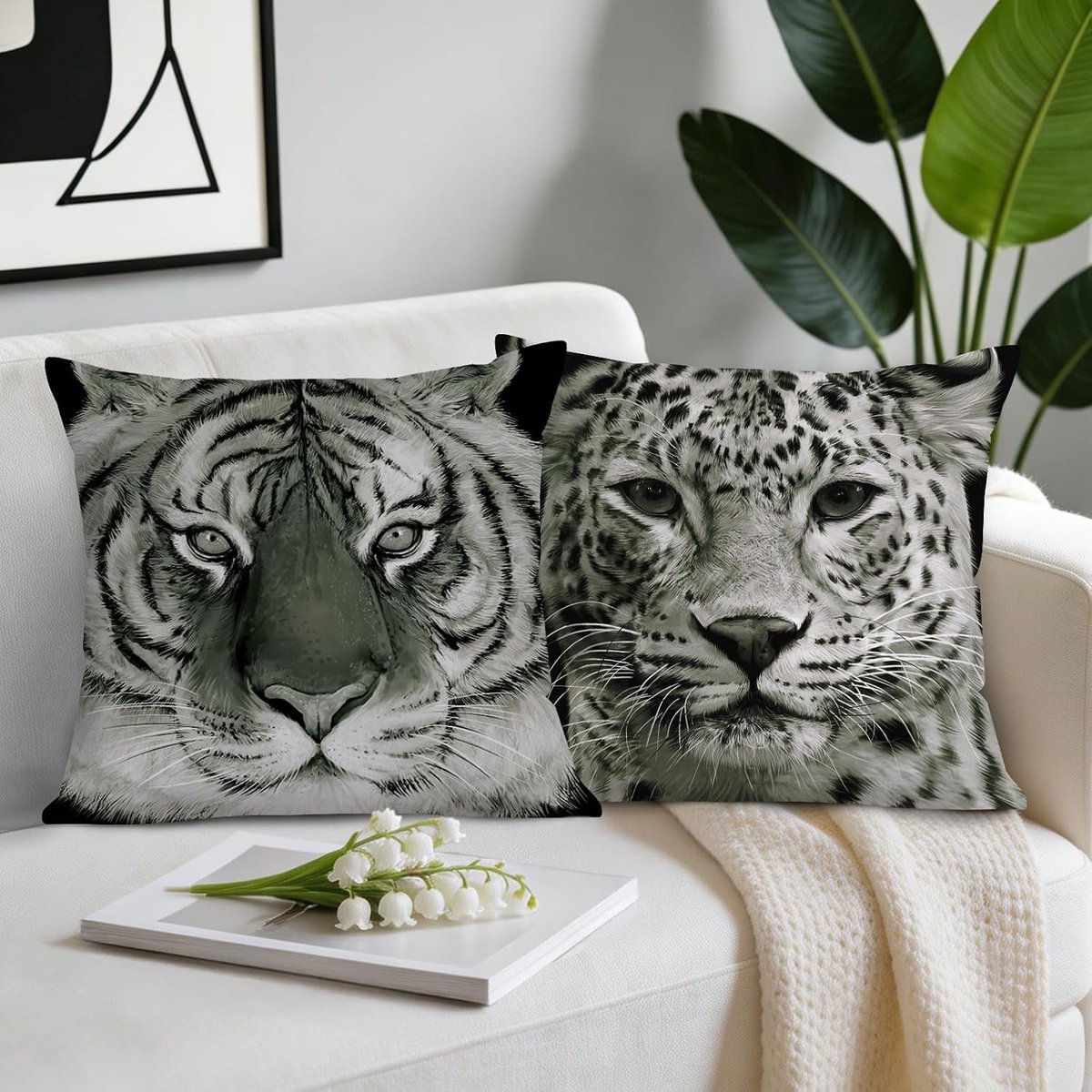 Trendy tweezijdige kussenhoezen met dierenprint, fluweel, safari stijl, set van 4, 45 x 45 cm voor bank, bed en terras