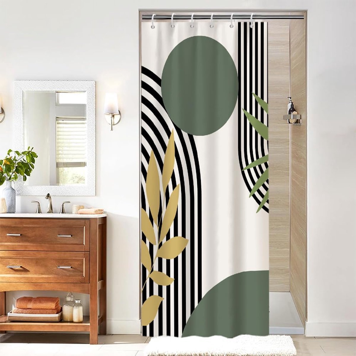 SnelShoppen - Douchegordijn Schimmelbestendig 90x180cm Smal Wasbaar Stof Bohemian Badgordijn Abstract Geel Waterproof Groen met 6 Haken