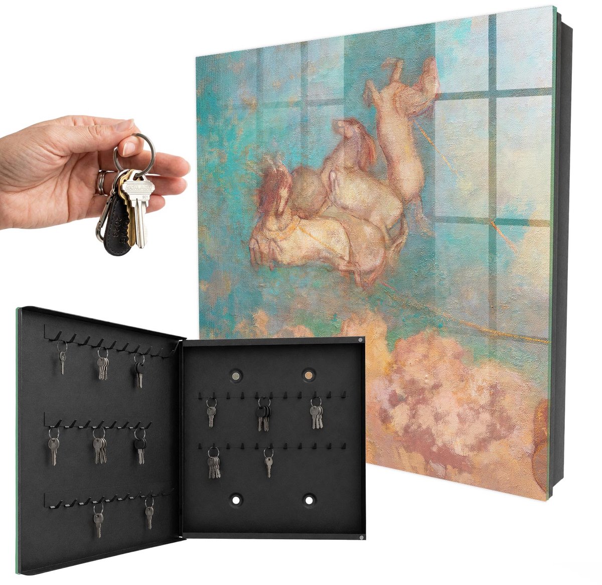 WallMuralia - Sleutelkast - 30x30x5 cm - met 50 haken - Een Droom Die Uitkomt Sleutelkastje Modern - Turkoois Sleutelbox - Linksopenend - Zwart interieur