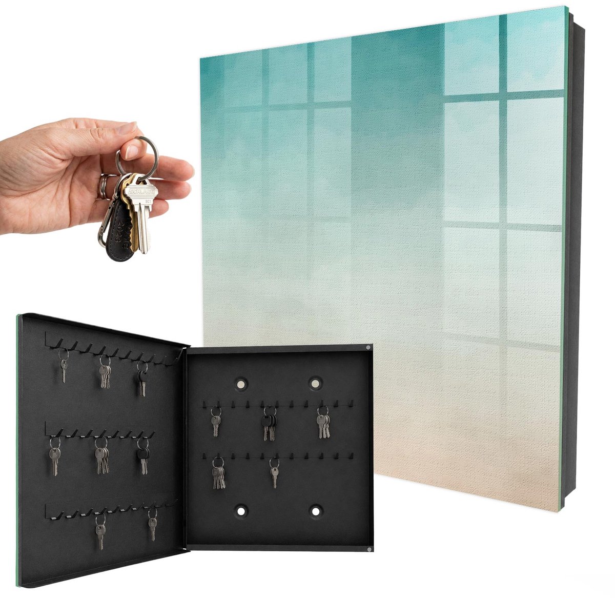 WallMuralia - Sleutelkast - 30x30x5 cm - met 50 haken - Subtiele Kleurovergang Leuk Sleutelkastje - Turkoois Sleutelbox - Linksopenend - Zwart interieur