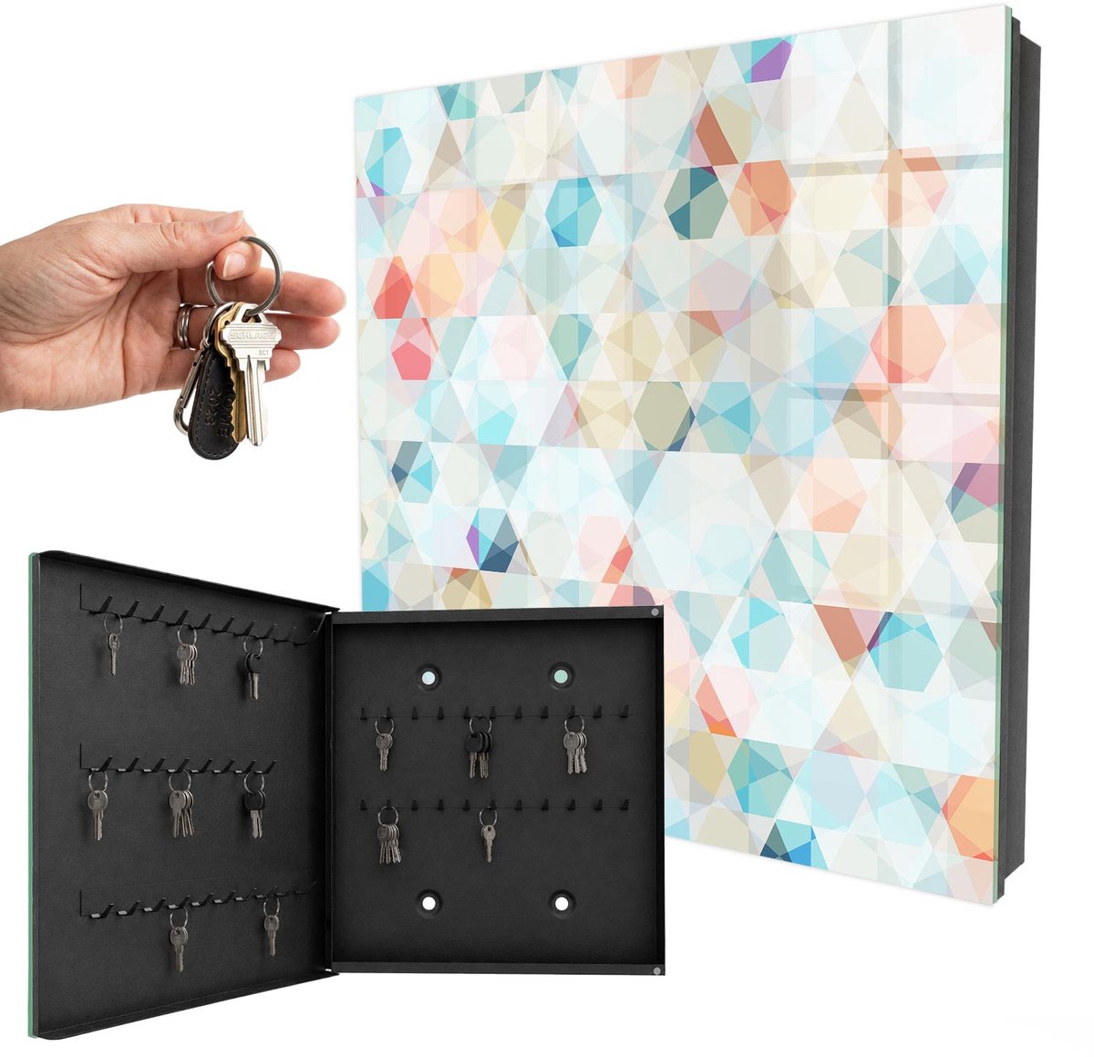 WallMuralia - Sleutelkast - 30x30x5 cm - met 50 haken - Geometrische Patronen Sleutelkastje - Blauw Sleutelbox - Linksopenend - Zwart interieur