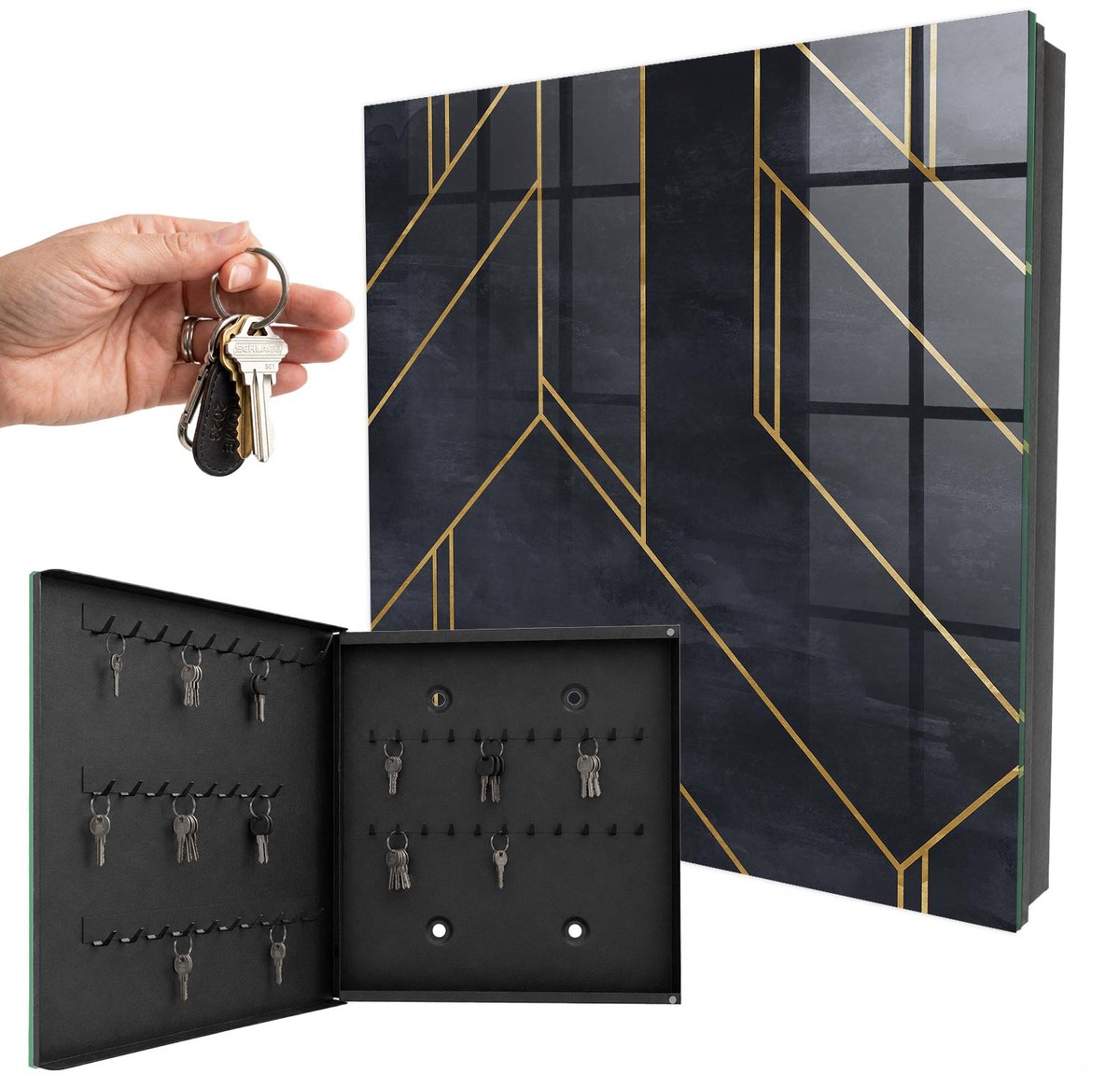 WallMuralia - Sleutelkast - 30x30x5 cm - met 50 haken - Geometrische Structuur Sleutelkastje Modern - Zwart Sleutelbox - Linksopenend - Zwart interieur