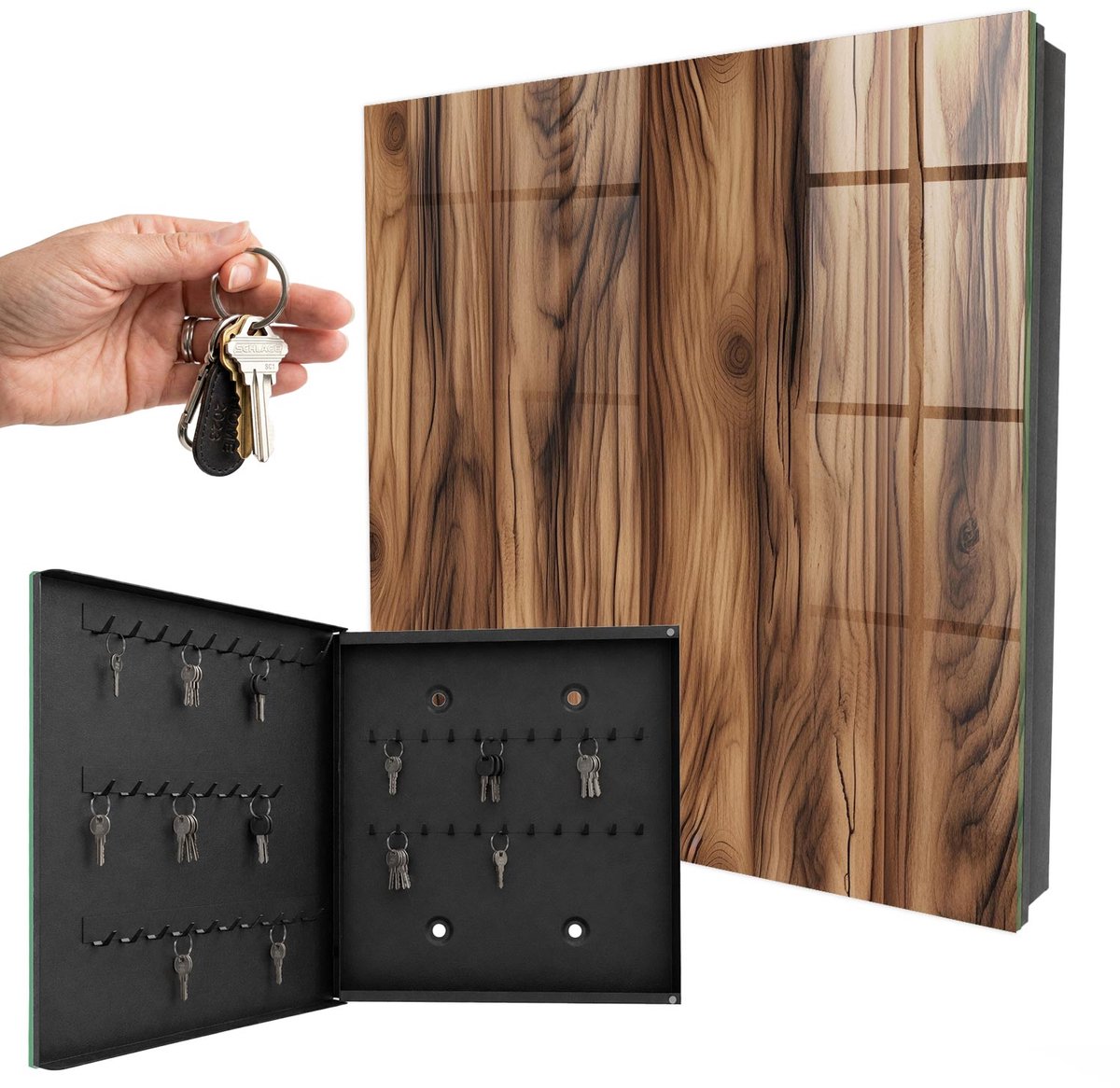 WallMuralia - Sleutelkast - 30x30x5 cm - met 50 haken - Houtstructuur Sleutelkastje Muur - Bruin Sleutelbox - Linksopenend - Zwart interieur