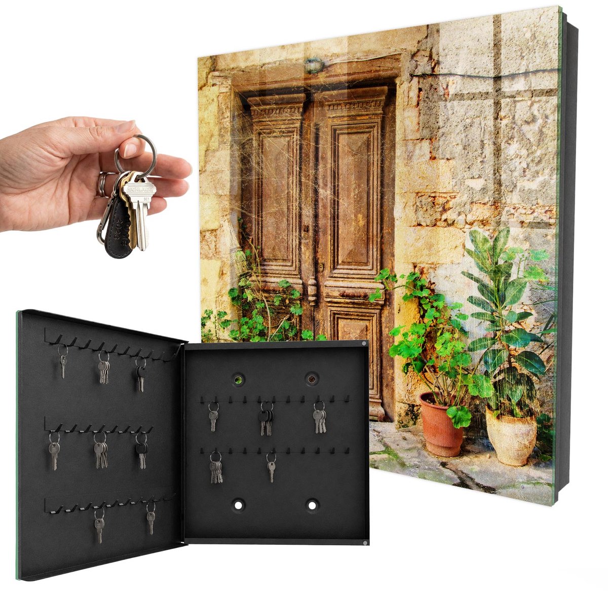 WallMuralia - Sleutelkast - 30x30x5 cm - met 50 haken - Rustieke Deuren Sleutelkastje Hal - Bruin Sleutelbox - Linksopenend - Zwart interieur