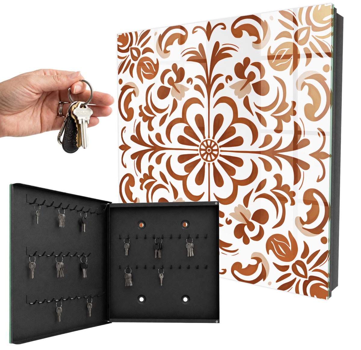 WallMuralia - Sleutelkast - 30x30x5 cm - met 50 haken - Decoratief Patroon Sleutelkastje Binnen - Bruin Sleutelbox - Linksopenend - Zwart interieur