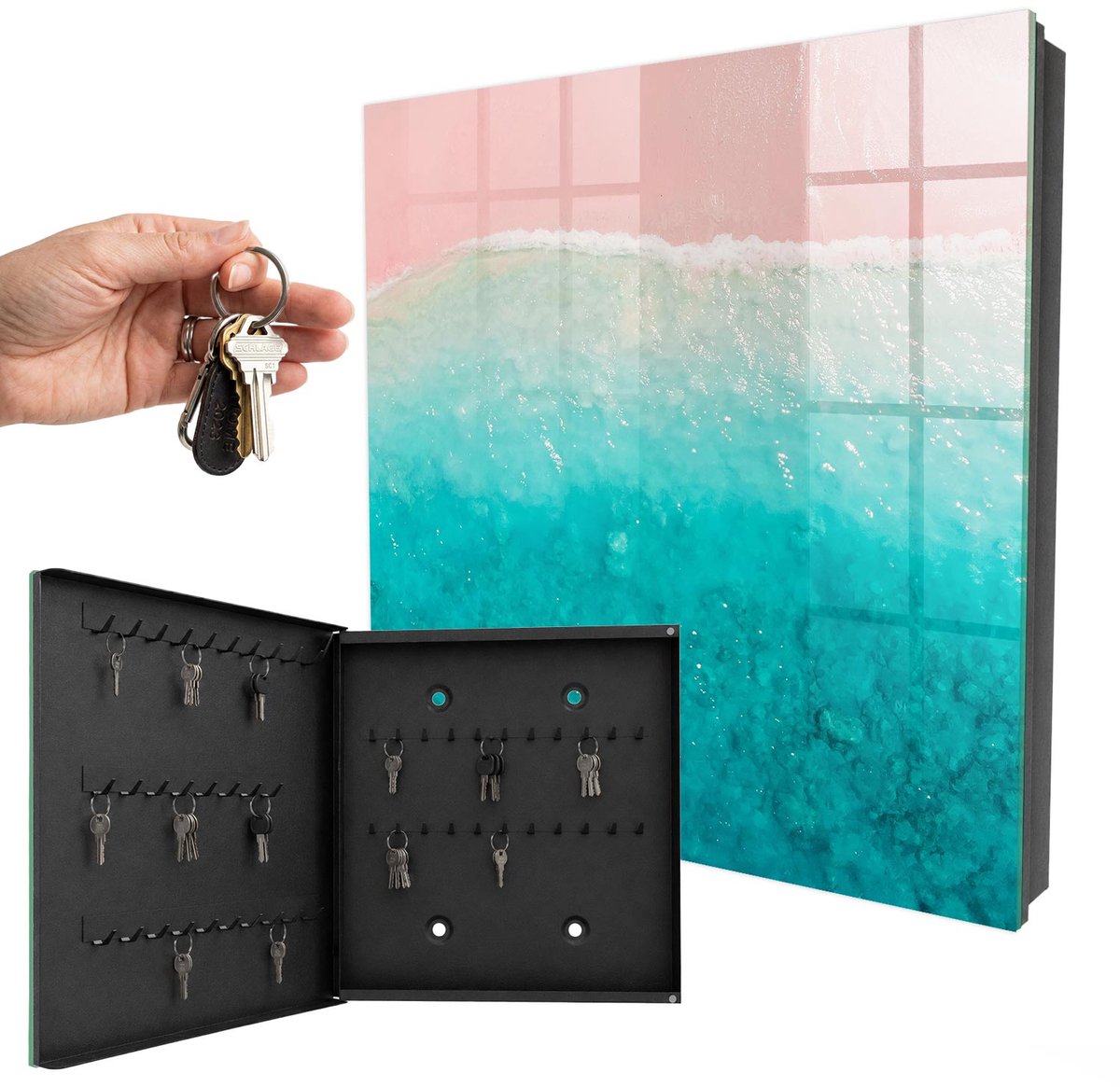 WallMuralia - Sleutelkast - 30x30x5 cm - met 50 haken - Droomstrand Groot Sleutelkastje - Turkoois Sleutelbox - Linksopenend - Zwart interieur