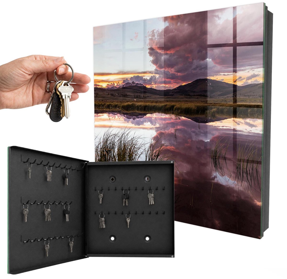 WallMuralia - Sleutelkast - 30x30x5 cm - met 50 haken - Bergachtig Westen Sleutelkastje Hal - Roze Sleutelbox - Linksopenend - Zwart interieur