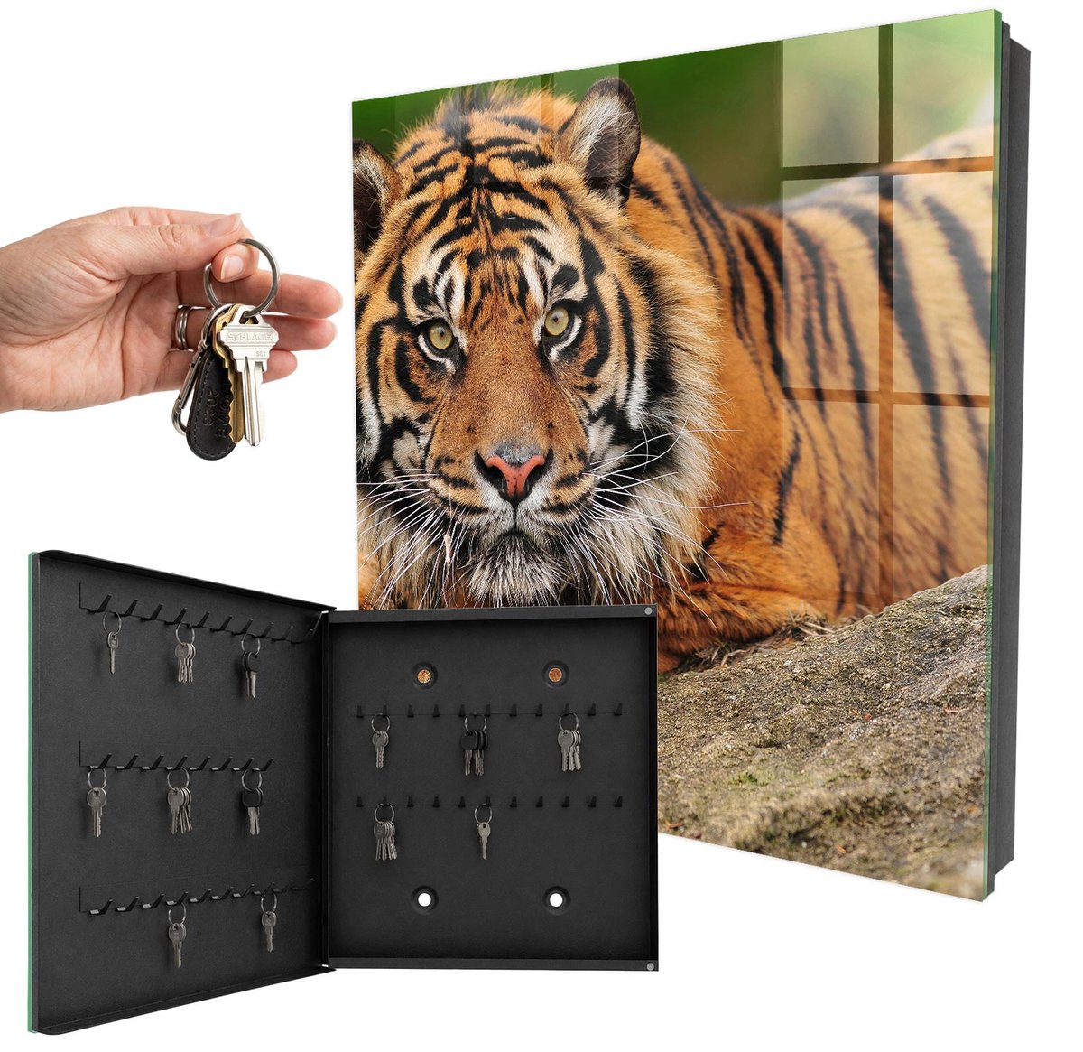 WallMuralia - Sleutelkast - 30x30x5 cm - met 50 haken - Tijger Die Uitrust Sleutelkastje Hal - Oranje Sleutelbox - Linksopenend - Zwart interieur