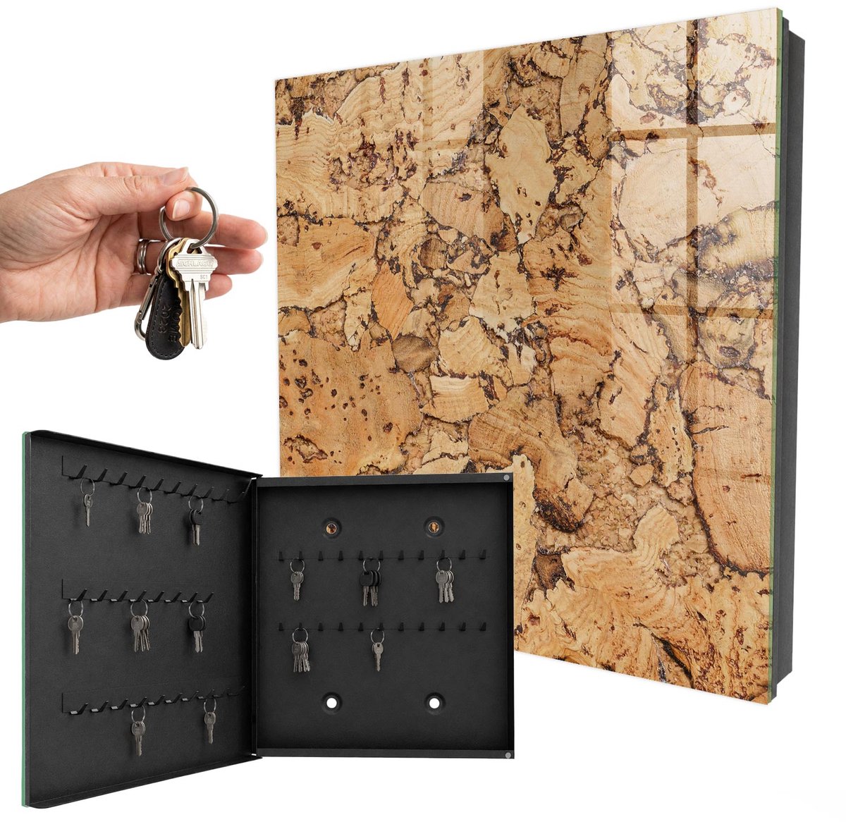WallMuralia - Sleutelkast - 30x30x5 cm - met 50 haken - Kurk Natuur Sleutelkastje Industrieel - Bruin Sleutelbox - Linksopenend - Zwart interieur