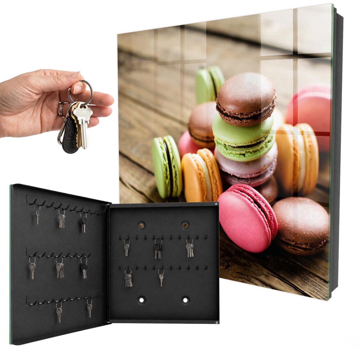 WallMuralia - Sleutelkast - 30x30x5 cm - met 50 haken - Kleurrijke Snoepjes Sleutelkastje - Roze Sleutelbox - Linksopenend - Zwart interieur