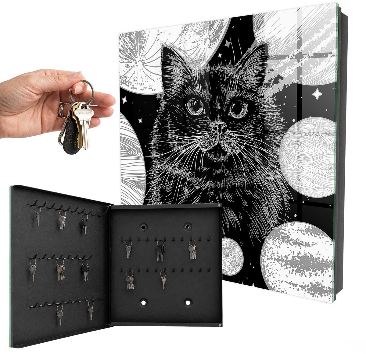 WallMuralia - Sleutelkast - 30x30x5 cm - met 50 haken - Ruimtekat Sleutelkastje Design - Zwart Sleutelbox - Linksopenend - Zwart interieur