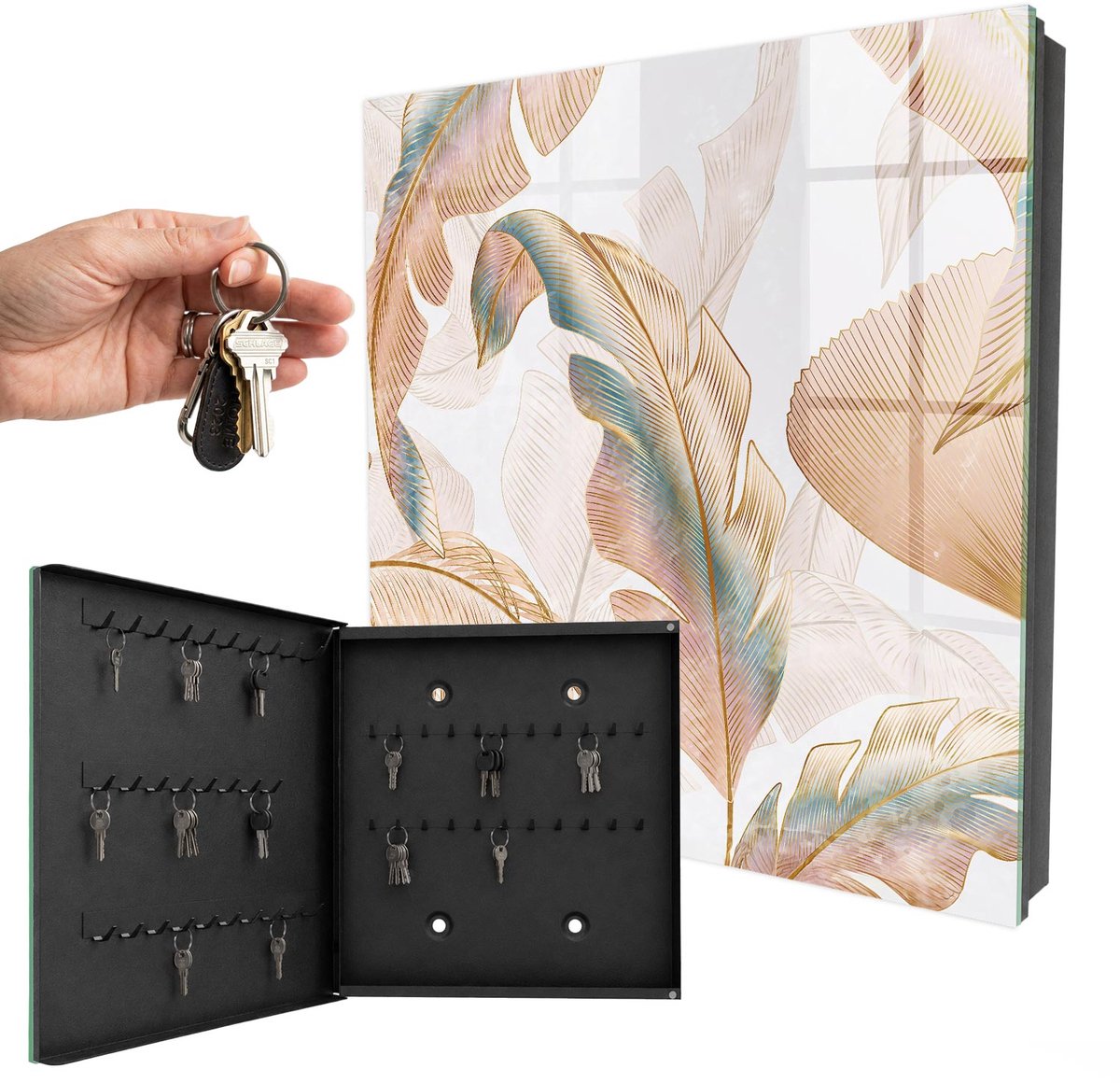 WallMuralia - Sleutelkast - 30x30x5 cm - met 50 haken - Tere Bladeren Leuk Sleutelkastje - Beige Sleutelbox - Linksopenend - Zwart interieur