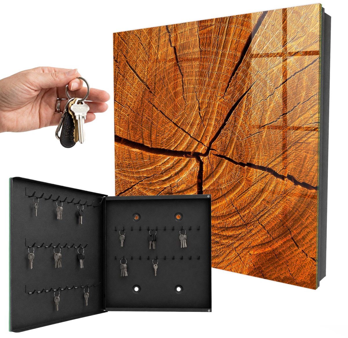 WallMuralia - Sleutelkast - 30x30x5 cm - met 50 haken - Houtnerf Sleutelkastje Industrieel - Oranje Sleutelbox - Linksopenend - Zwart interieur
