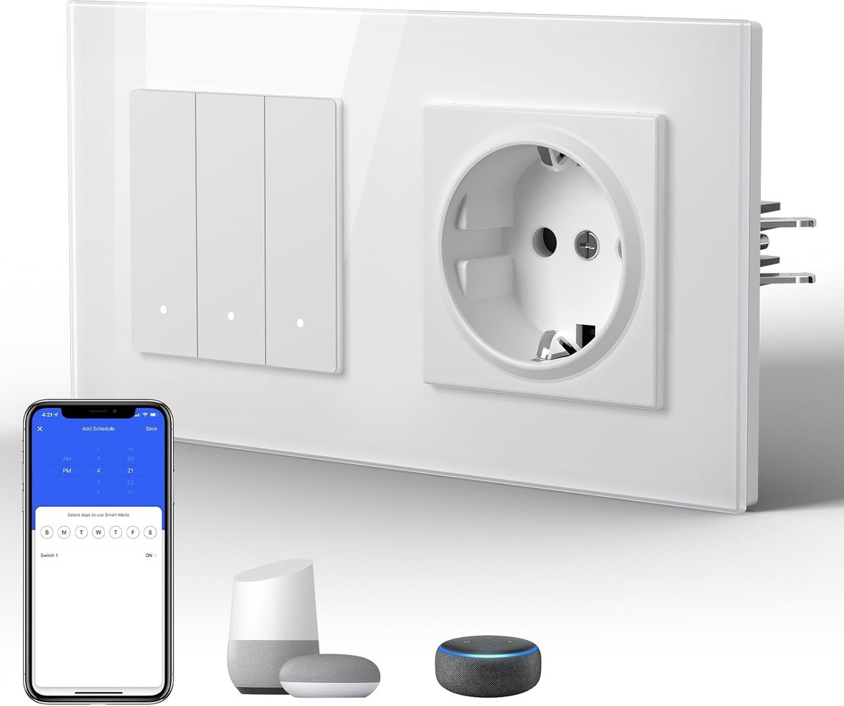 Smart WiFi Interrupteur Mural met aansluiting, Compatibel met Google Home en Alexa Neutral Line vereist, 3gang 1 manier, 157MM, Wit
