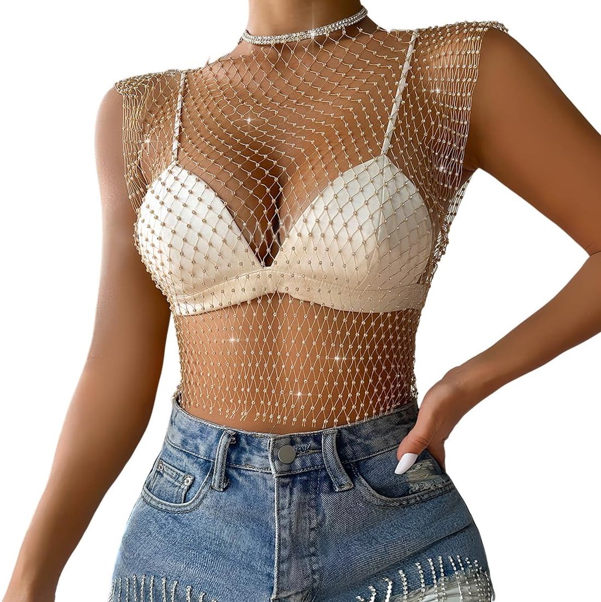 kristal top festival outfit strasssteentjes visnet uitgehold tank top glinsterend lichaam accessoire voor vrouwen en meisjes