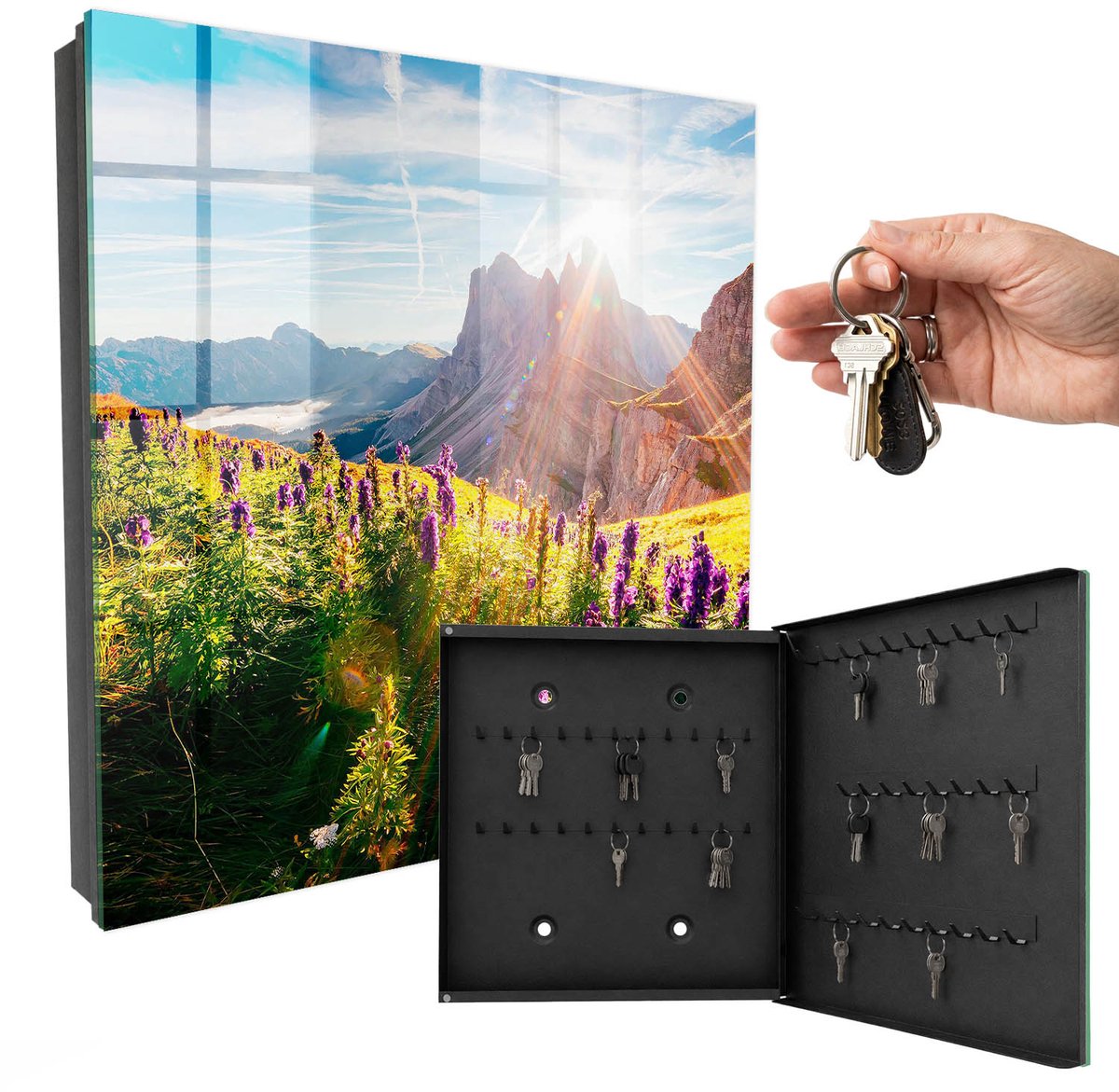 WallMuralia - Sleutelkast - 30x30x5 cm - met 50 haken - Idylle In De Bergen Design Sleutelkastje - Groente Sleutelbox - Rechtsopenend - Zwart interieur