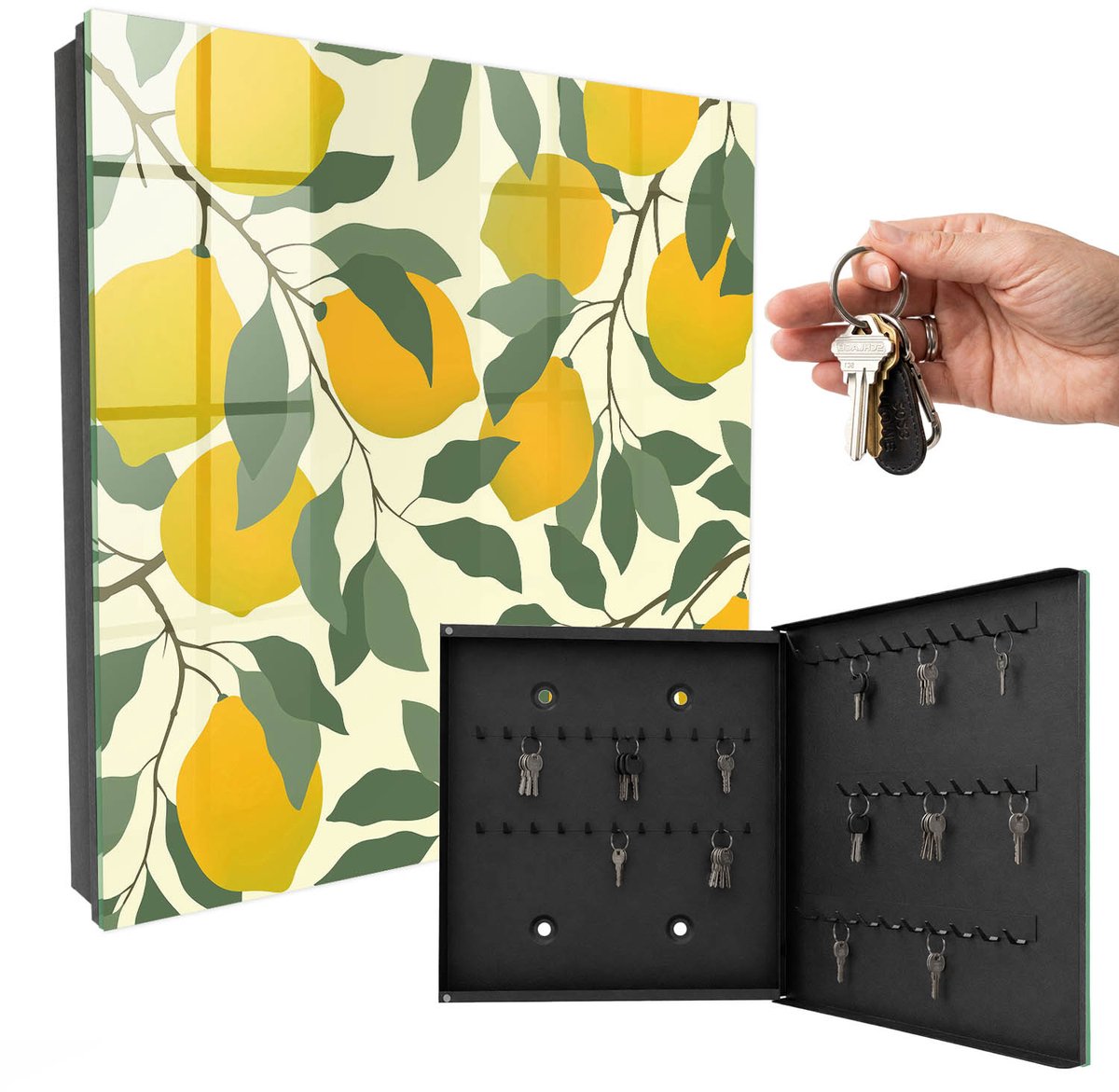 WallMuralia - Sleutelkast - 30x30x5 cm - met 50 haken - Sappige Citroenen Sleutelkastje Landelijk - Geel Sleutelbox - Rechtsopenend - Zwart interieur