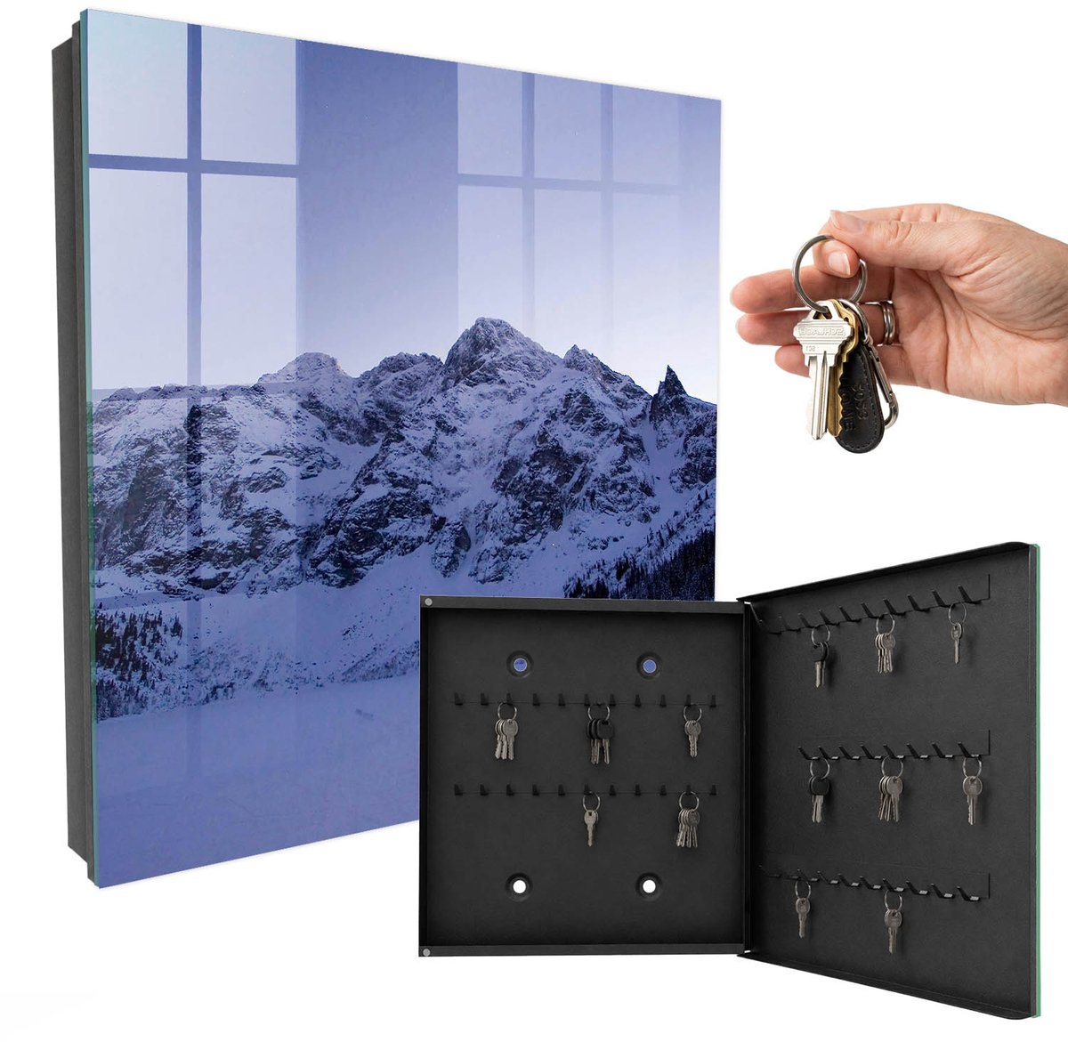 WallMuralia - Sleutelkast - 30x30x5 cm - met 50 haken - Winterse Majesteit Sleutelkastje Landelijk - Wit Sleutelbox - Rechtsopenend - Zwart interieur