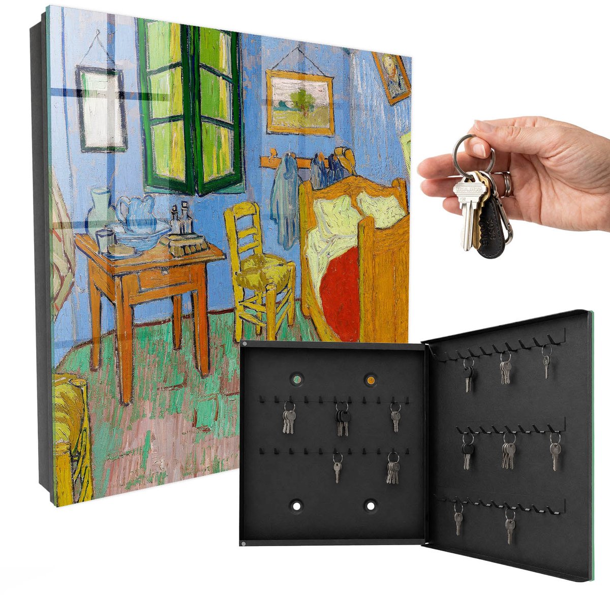 WallMuralia - Sleutelkast - 30x30x5 cm - met 50 haken - Gezellige Kamer Sleutelkastje Binnen - Blauw Sleutelbox - Rechtsopenend - Zwart interieur
