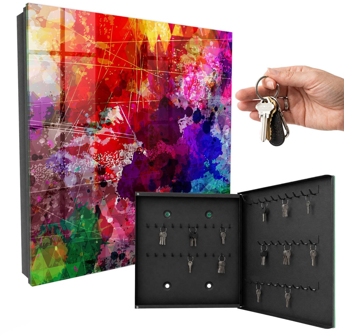 WallMuralia - Sleutelkast - 30x30x5 cm - met 50 haken - Kleurrijke Uitdrukking Sleutelkastje Landelijk - Rood Sleutelbox - Rechtsopenend - Zwart interieur