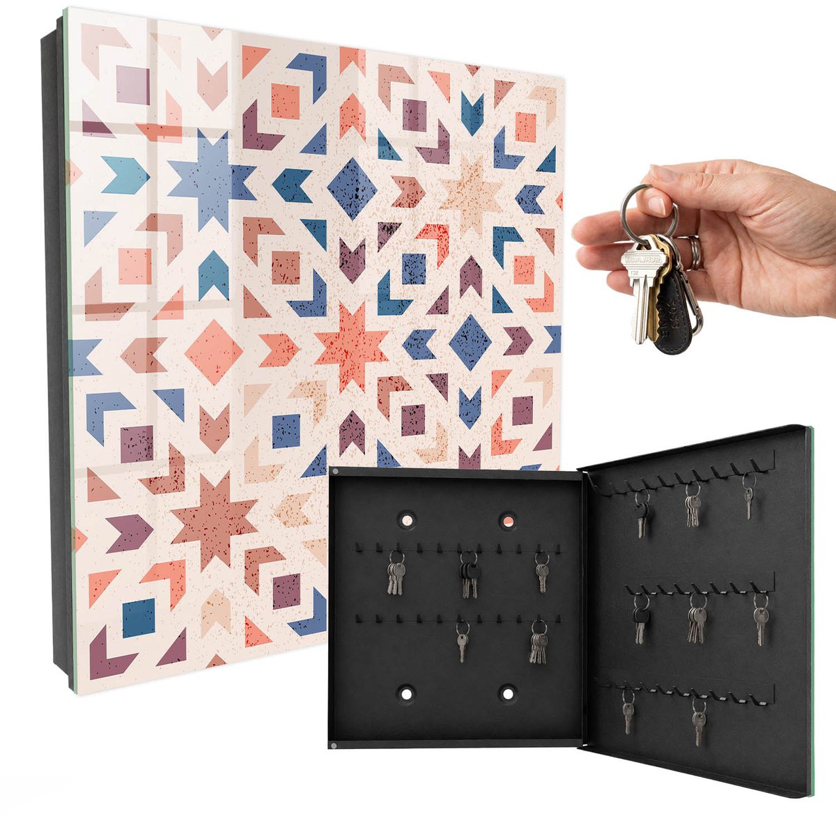 WallMuralia - Sleutelkast - 30x30x5 cm - met 50 haken - Geometrisch Patroon Sleutelkastje - Beige Sleutelbox - Rechtsopenend - Zwart interieur