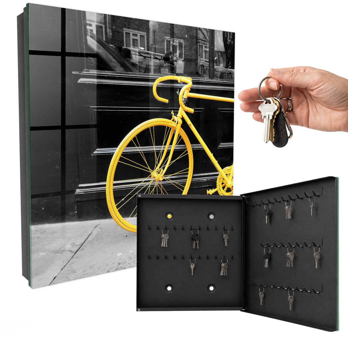 WallMuralia - Sleutelkast - 30x30x5 cm - met 50 haken - Gele Fiets Groot Sleutelkastje - Geel Sleutelbox - Rechtsopenend - Zwart interieur