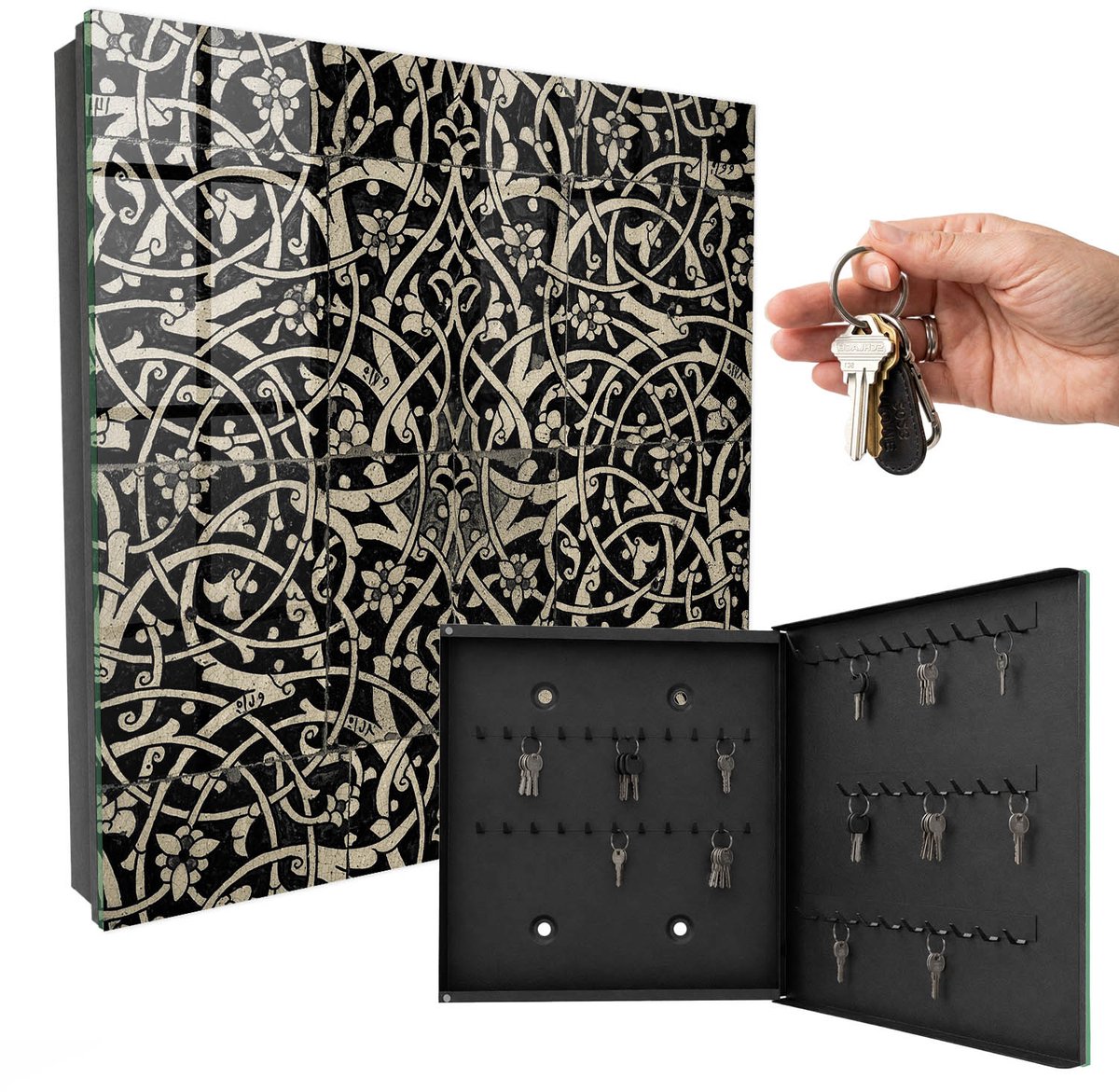 WallMuralia - Sleutelkast - 30x30x5 cm - met 50 haken - Decoratieve Elegantie Groot Sleutelkastje - Beige Sleutelbox - Rechtsopenend - Zwart interieur