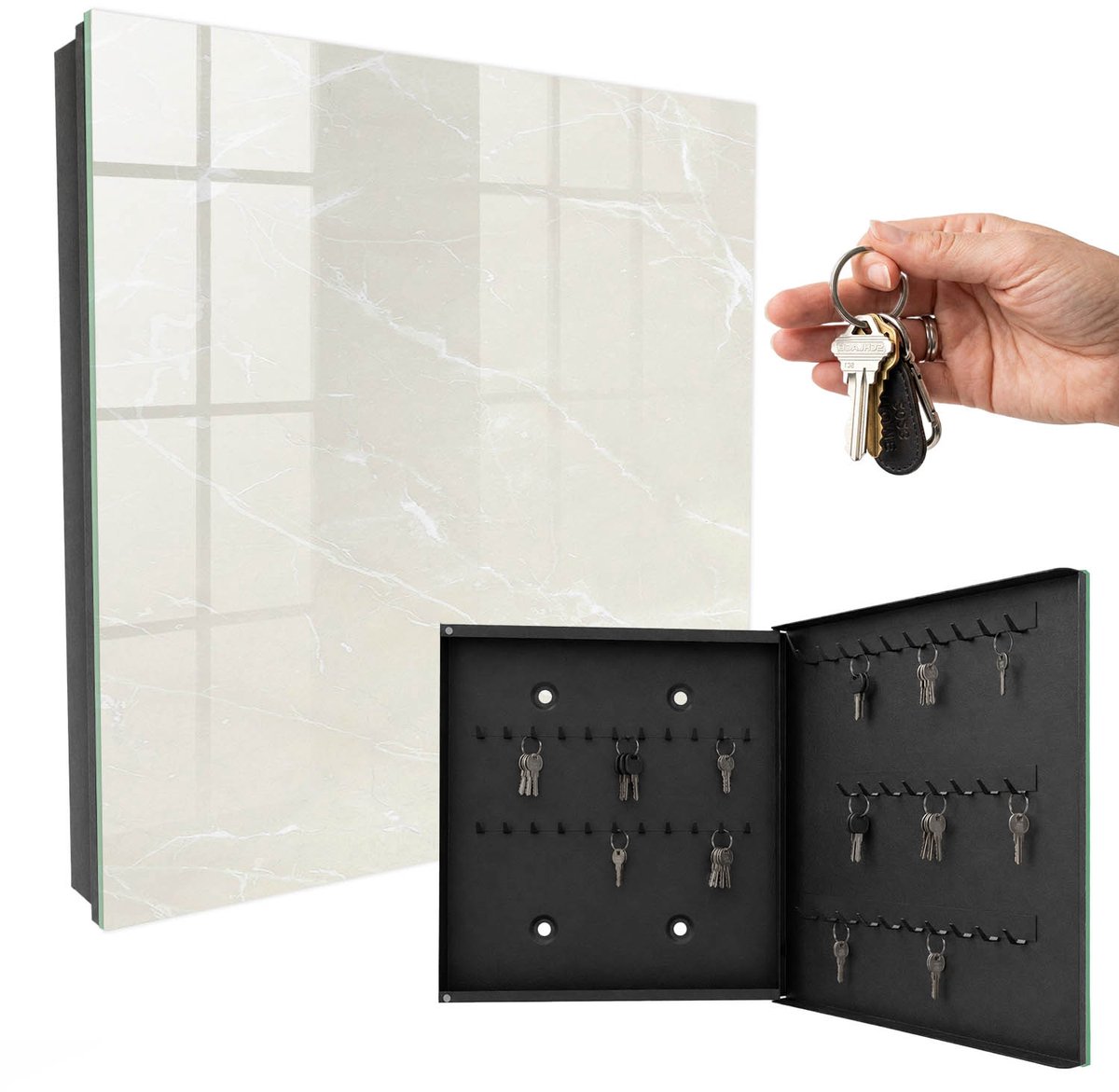 WallMuralia - Sleutelkast - 30x30x5 cm - met 50 haken - Marmeren Elegantie Sleutelkastje Klein - Beige Sleutelbox - Rechtsopenend - Zwart interieur