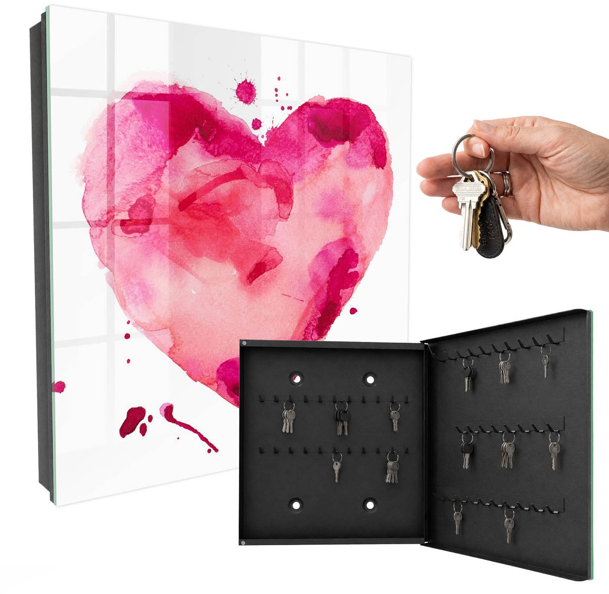 WallMuralia - Sleutelkast - 30x30x5 cm - met 50 haken - Hart Van Liefde Sleutelkastje Voor Binnen - Roze Sleutelbox - Rechtsopenend - Zwart interieur