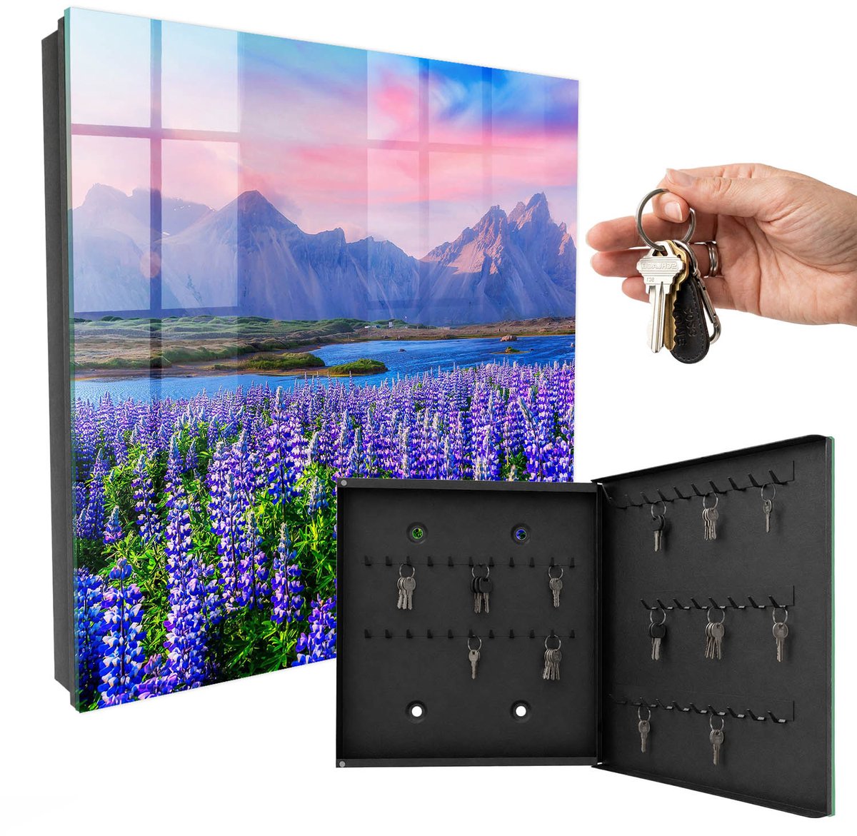 WallMuralia - Sleutelkast - 30x30x5 cm - met 50 haken - Berglandschap Sleutelkastje Klein - Paars Sleutelbox - Rechtsopenend - Zwart interieur