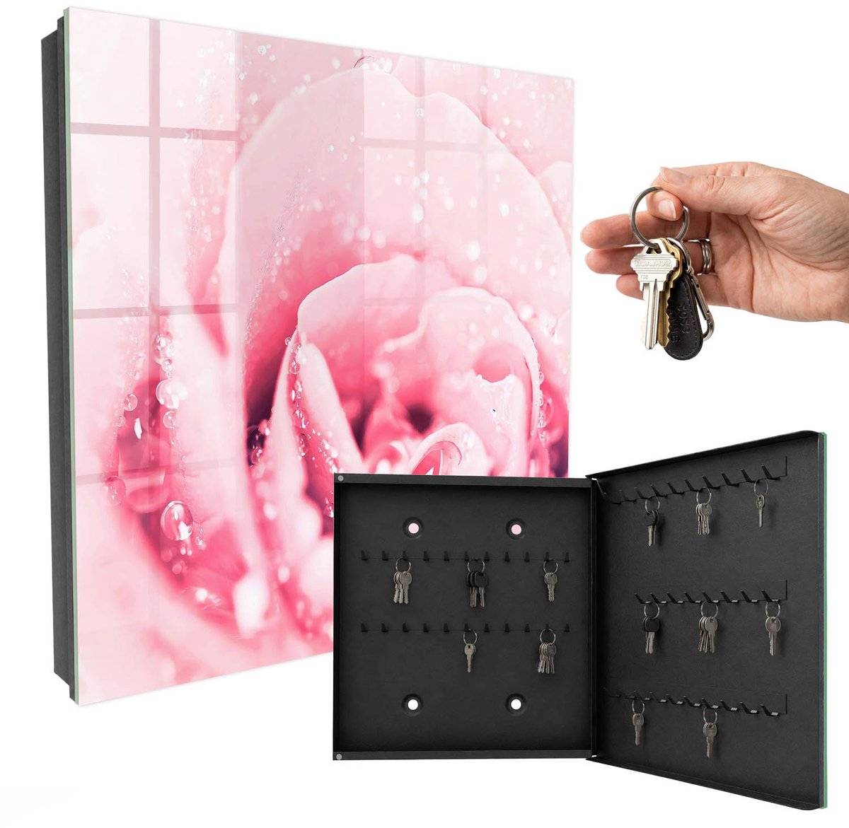 WallMuralia - Sleutelkast - 30x30x5 cm - met 50 haken - Rozen Delicatesse Sleutelkastje Landelijk - Roze Sleutelbox - Rechtsopenend - Zwart interieur