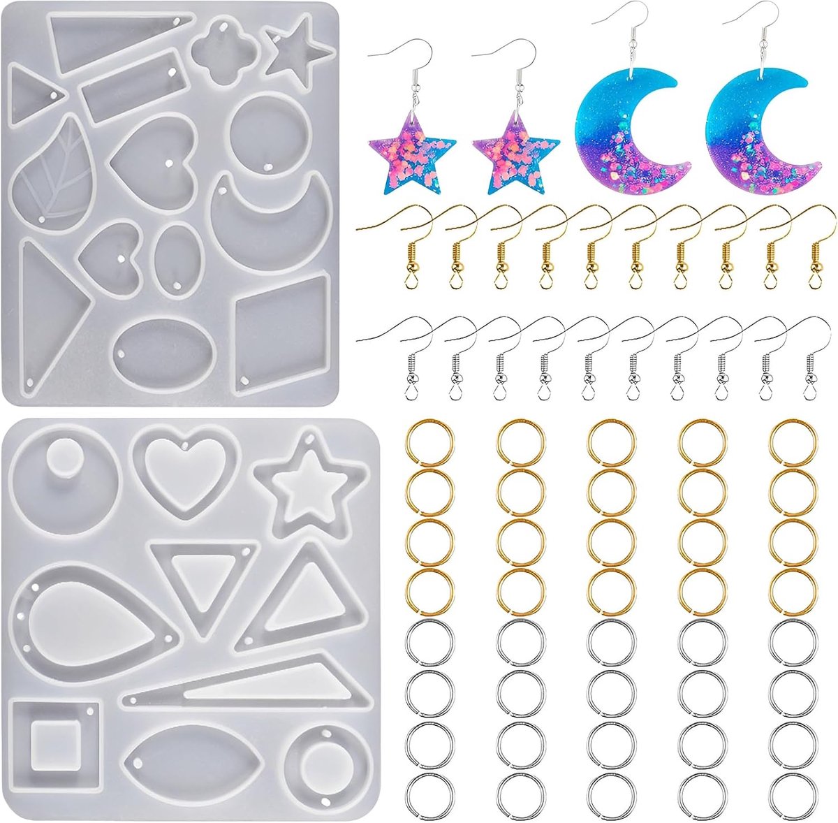Vorm Sieraden, Epoxyharsvorm Set Voor Het Maken Van Oorbellen, Harten, Sterren, Maan, Waterdruppels, Met Gouden En Zilveren Oorhaken En 5mm Ring, Multicolor, 21 Stuks