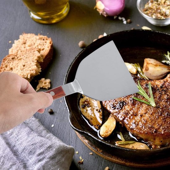 Steak Koken Gebakken Schop Spatel Rvs Koken Pannenkoek Teppanyaki Barbecue Schop Houten Handvat Grill Turner — afbeelding 3