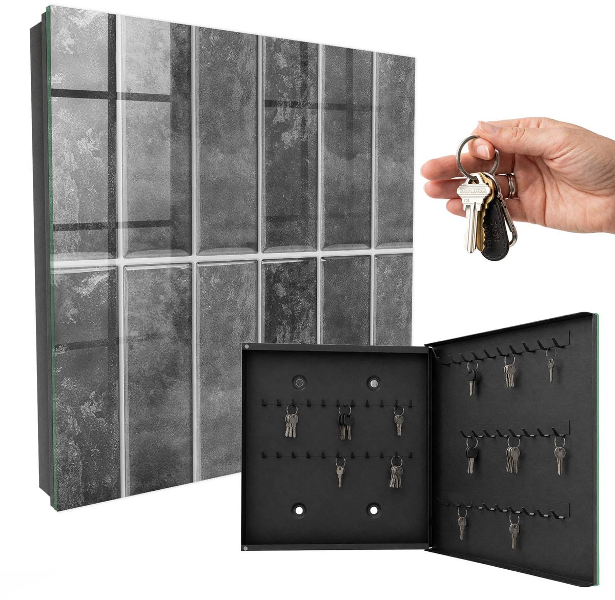 WallMuralia - Sleutelkast - 30x30x5 cm - met 50 haken - Grijze Tegels Sleutelkastje - Grijs Sleutelbox - Rechtsopenend - Zwart interieur