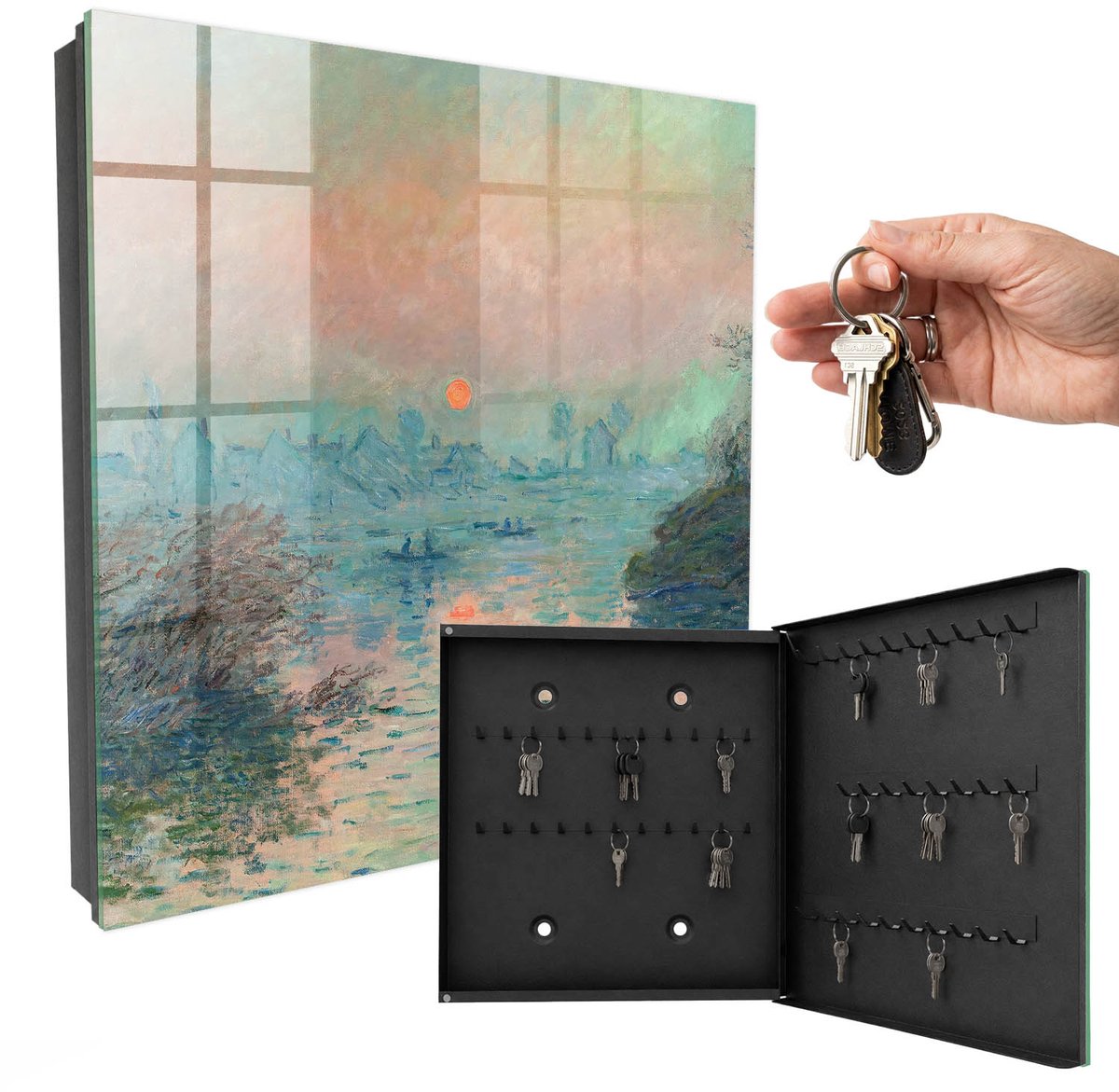 WallMuralia - Sleutelkast - 30x30x5 cm - met 50 haken - Romantisch Landschap Sleutelkastje Industrieel - Blauw Sleutelbox - Rechtsopenend - Zwart interieur