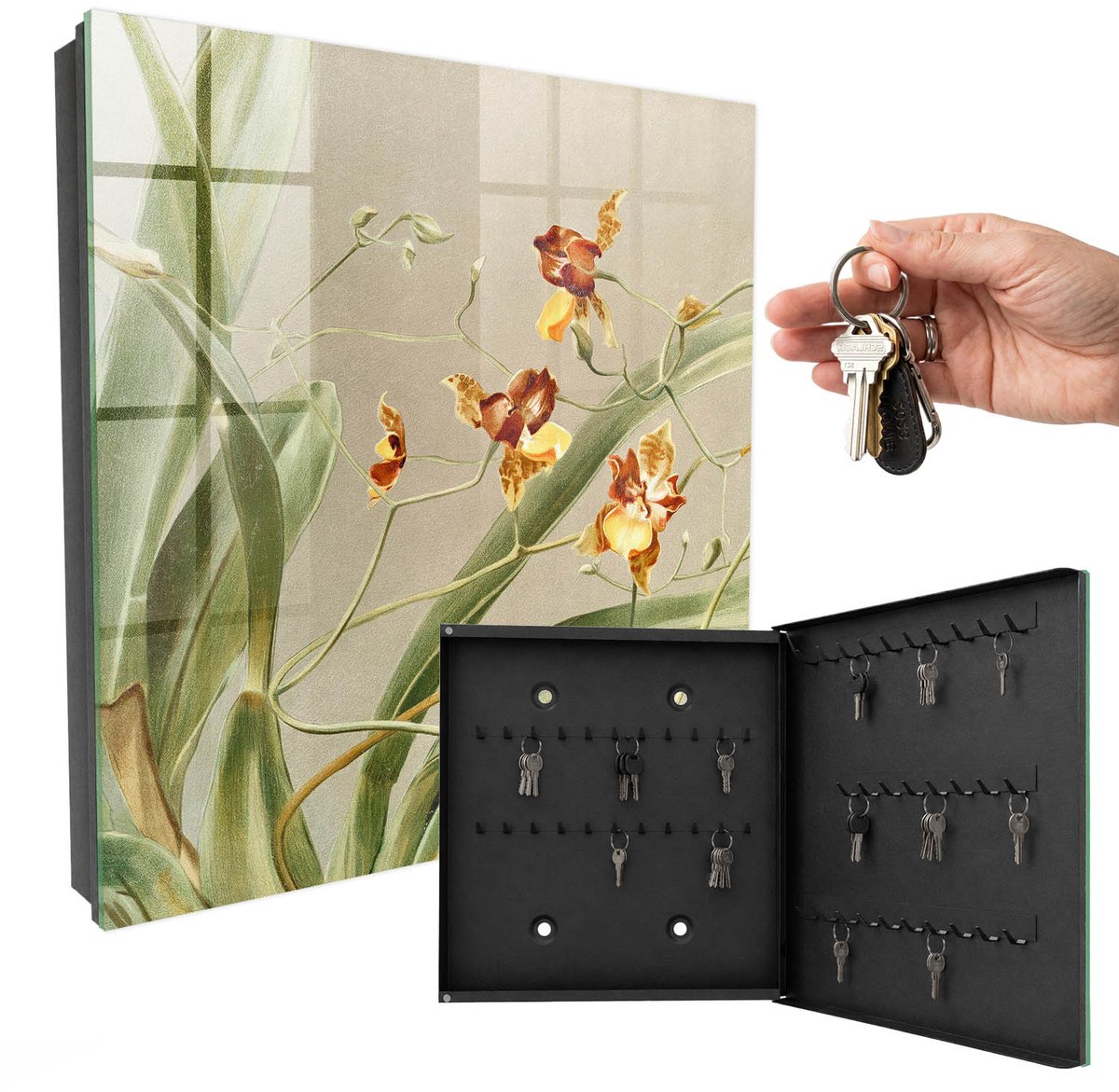 WallMuralia - Sleutelkast - 30x30x5 cm - met 50 haken - Klimbloemen Sleutelkastje - Groente Sleutelbox - Rechtsopenend - Zwart interieur
