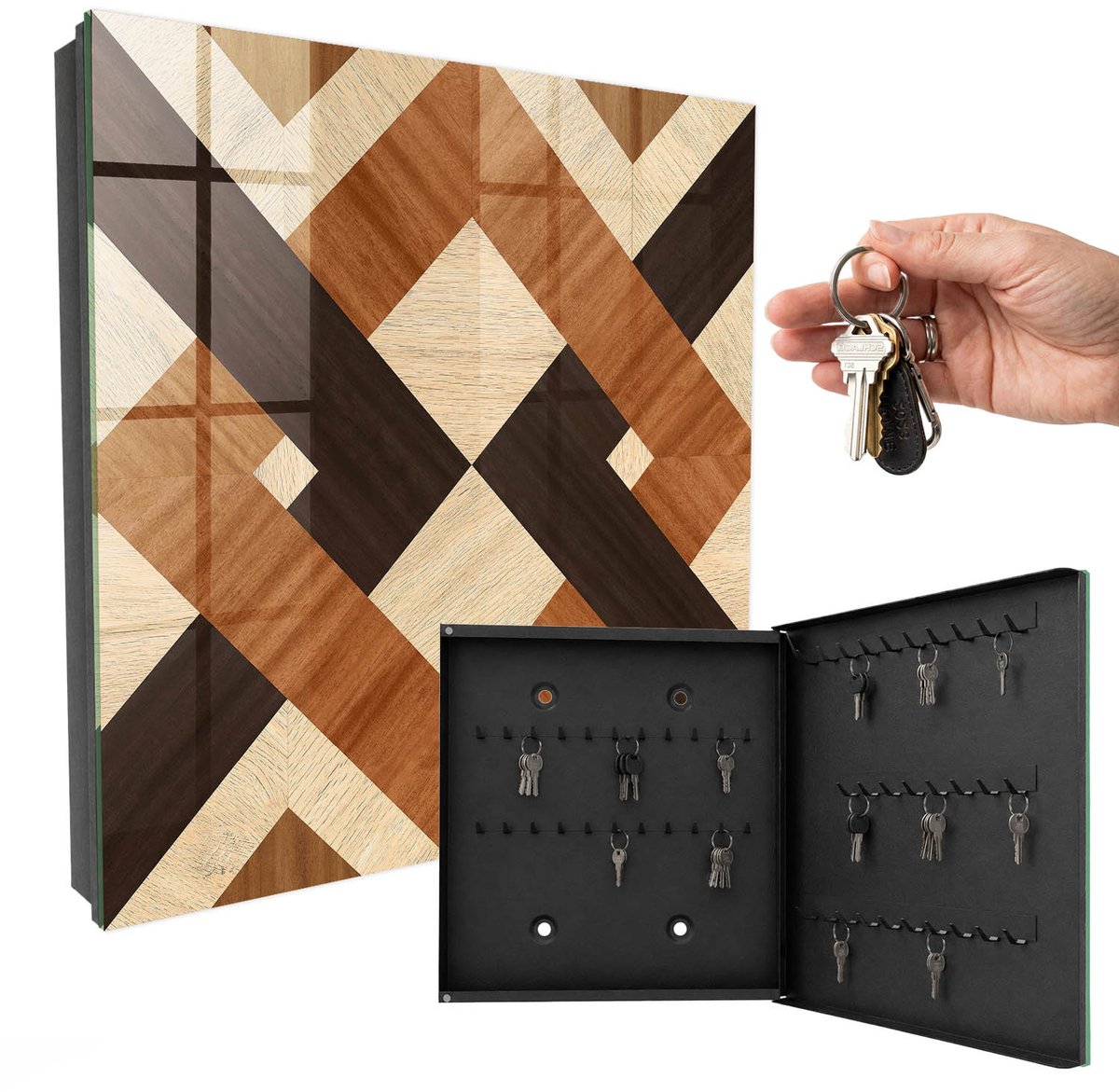 WallMuralia - Sleutelkast - 30x30x5 cm - met 50 haken - Moderne Geometrie Sleutelkastje Design - Bruin Sleutelbox - Rechtsopenend - Zwart interieur