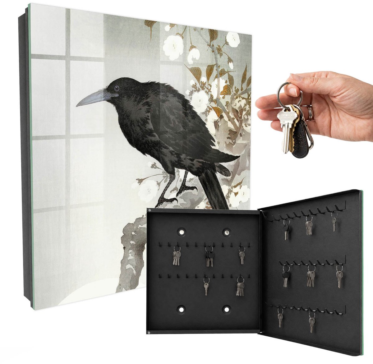 WallMuralia - Sleutelkast - 30x30x5 cm - met 50 haken - Zwarte Raaf Sleutelkastje Modern - Zwart Sleutelbox - Rechtsopenend - Zwart interieur