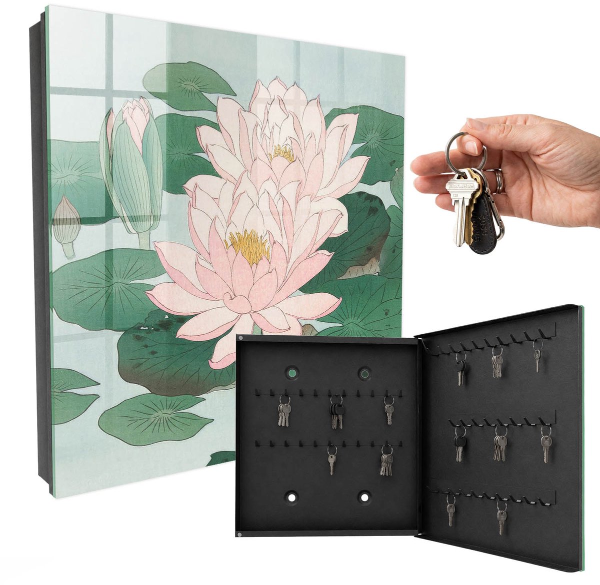 WallMuralia - Sleutelkast - 30x30x5 cm - met 50 haken - Waterlelies Leuk Sleutelkastje - Groente Sleutelbox - Rechtsopenend - Zwart interieur