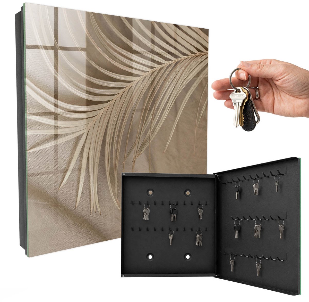 WallMuralia - Sleutelkast - 30x30x5 cm - met 50 haken - Natuurlijke Elegantie Sleutelkastje Binnen - Beige Sleutelbox - Rechtsopenend - Zwart interieur