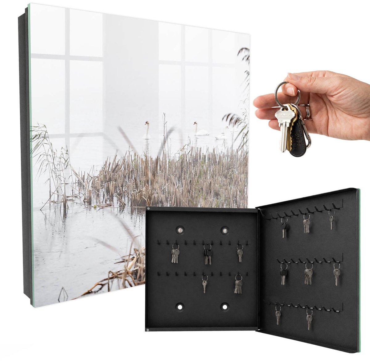 WallMuralia - Sleutelkast - 30x30x5 cm - met 50 haken - Mistige Kalmte Sleutelkastje Design - Wit Sleutelbox - Rechtsopenend - Zwart interieur