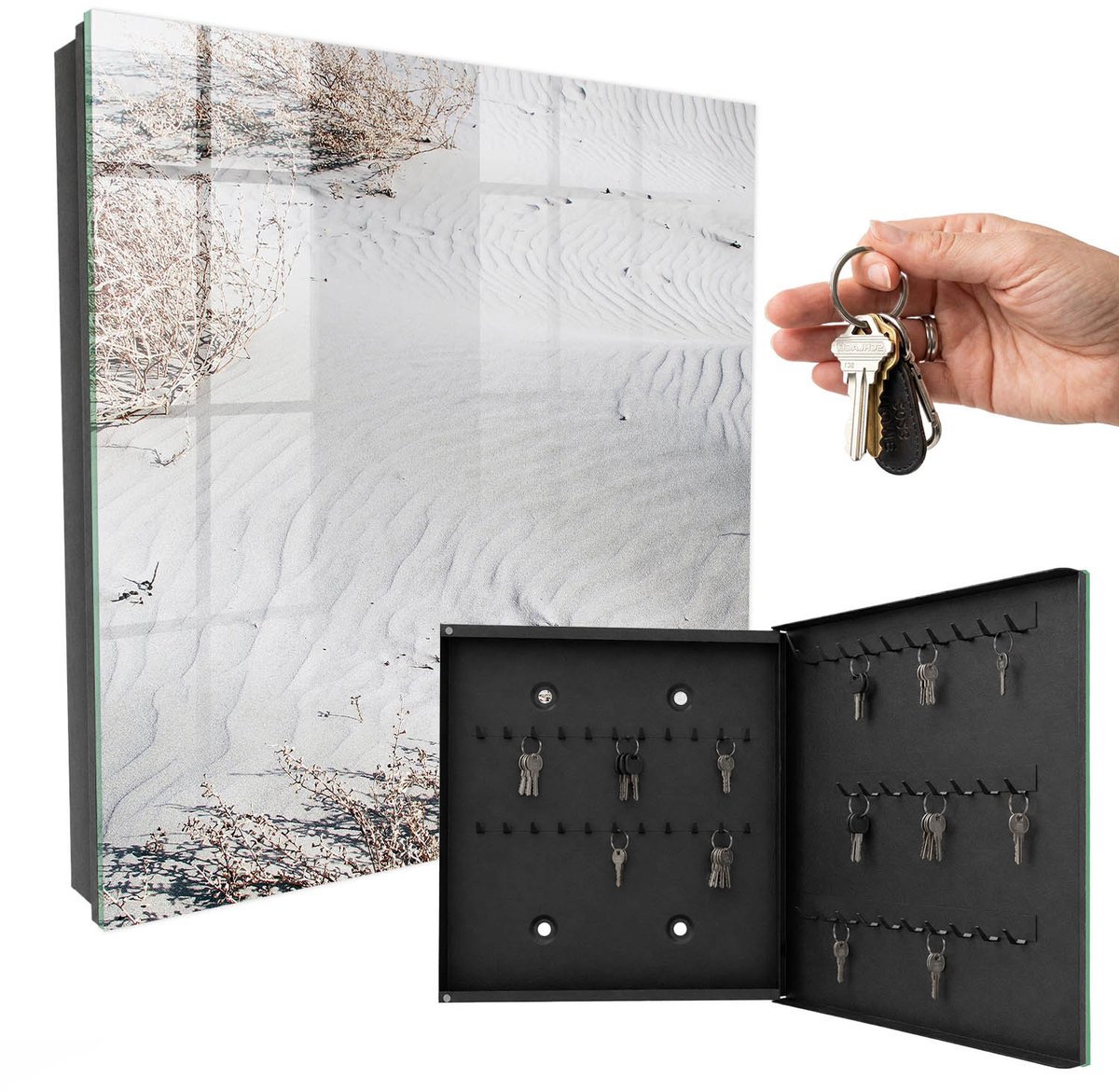 WallMuralia - Sleutelkast - 30x30x5 cm - met 50 haken - Zandgolven Sleutelkastje Industrieel - Grijs Sleutelbox - Rechtsopenend - Zwart interieur