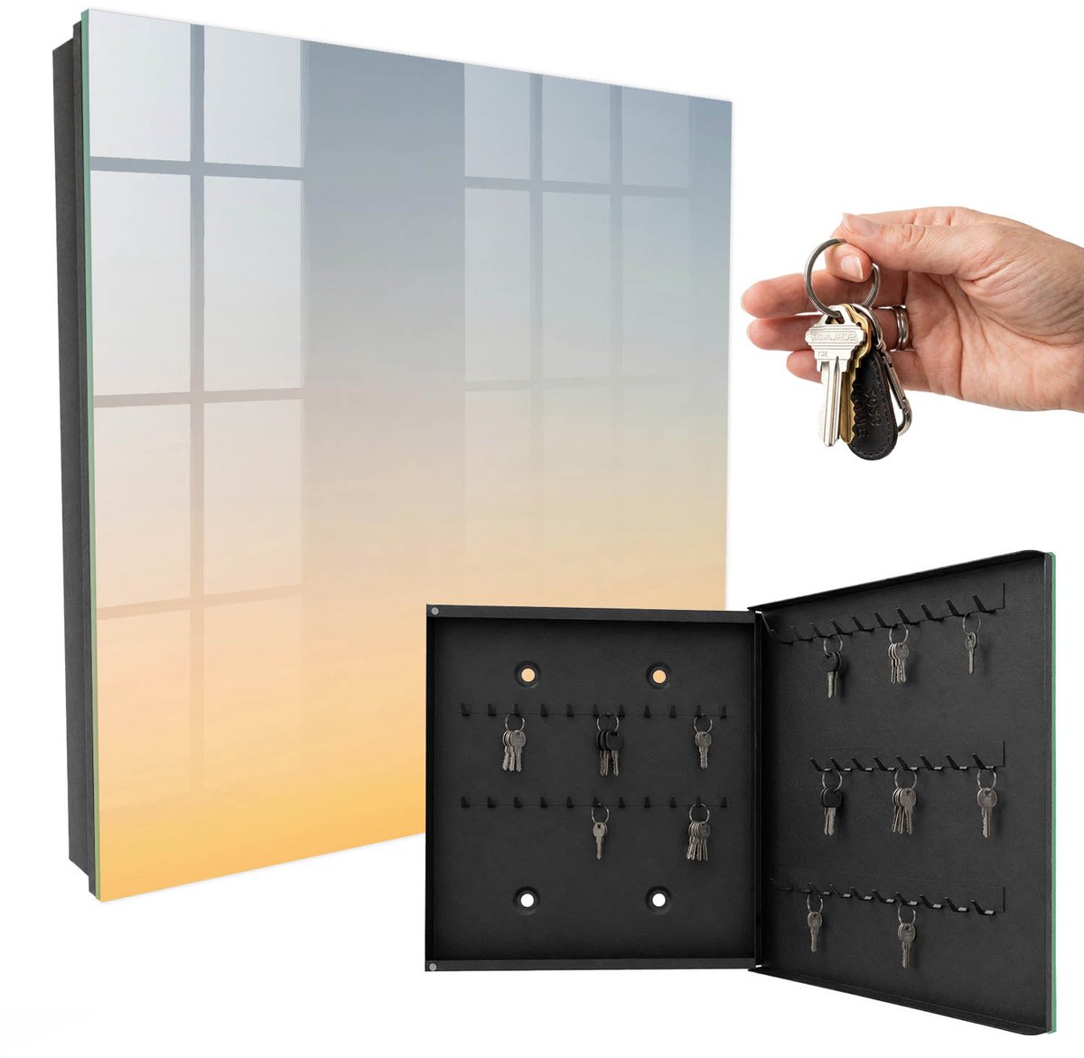WallMuralia - Sleutelkast - 30x30x5 cm - met 50 haken - Pastel Oost Sleutelkastje Design - Geel Sleutelbox - Rechtsopenend - Zwart interieur