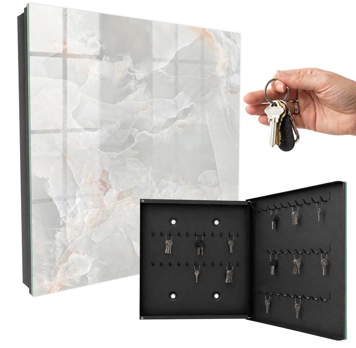 WallMuralia - Sleutelkast - 30x30x5 cm - met 50 haken - Neutrale Elegantie Design Sleutelkastje - Wit Sleutelbox - Rechtsopenend - Zwart interieur
