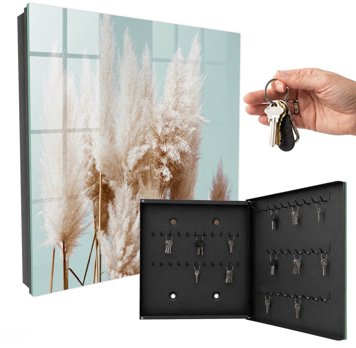WallMuralia - Sleutelkast - 30x30x5 cm - met 50 haken - Natuurlijke Charme Sleutelkastje Landelijk - Romig Sleutelbox - Rechtsopenend - Zwart interieur