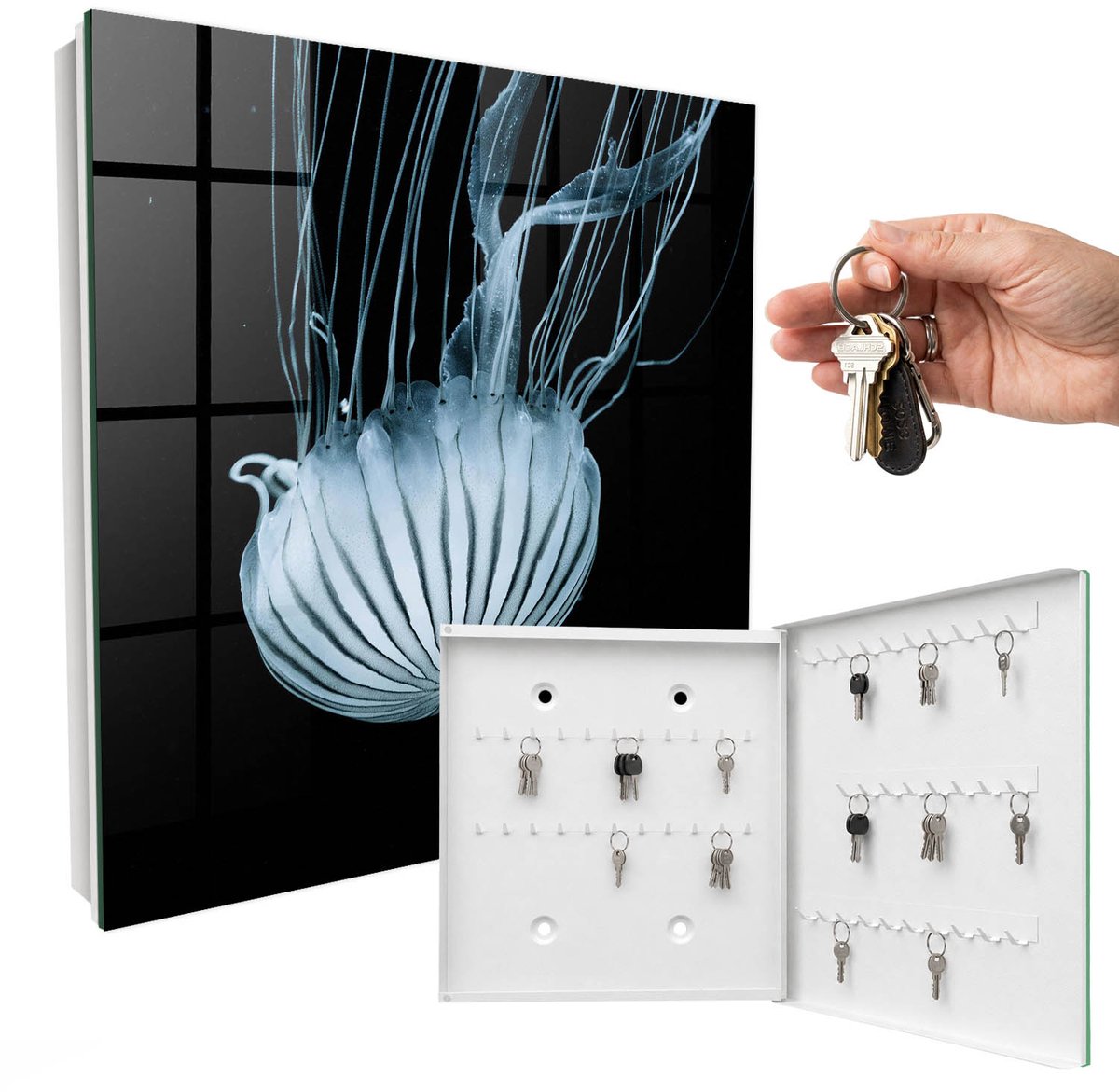 WallMuralia - Sleutelkast - 30x30x5 cm - met 50 haken - Vrede Op Zee Sleutelkastje Huis - Zwart Sleutelbox - Rechtsopenend - Wit interieur