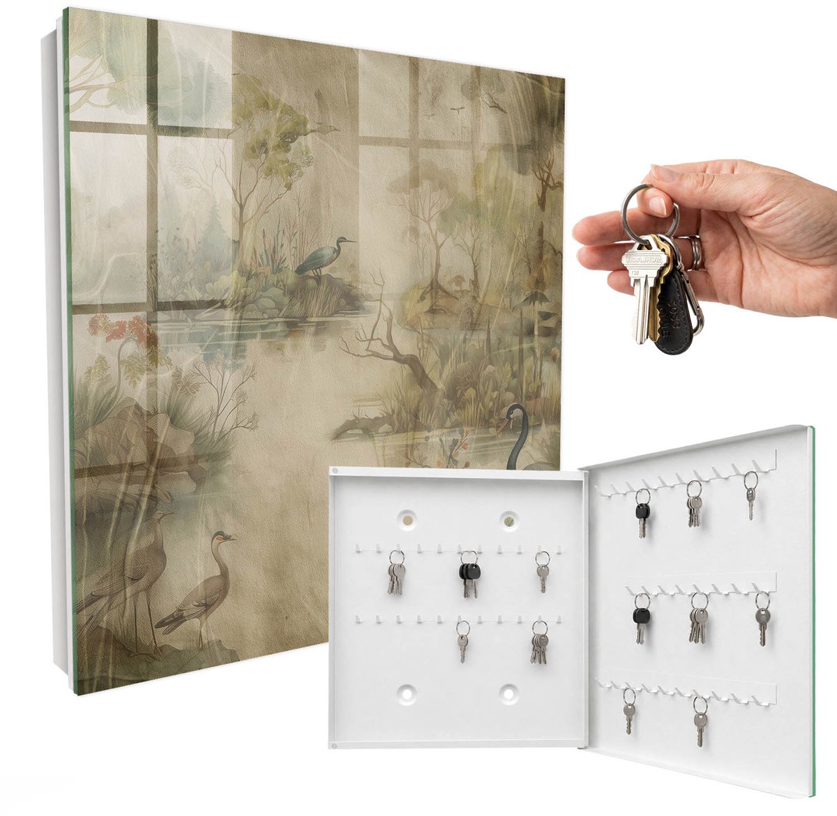 WallMuralia - Sleutelkast - 30x30x5 cm - met 50 haken - Idyllische Natuur Sleutelkastje - Beige Sleutelbox - Rechtsopenend - Wit interieur